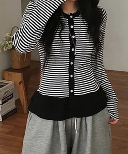 WESTSEA(ウエストシー)の「ボーダー × フリル 長袖カーディガン(カーディガン/ボレロ・レディース・グレー/ブラック・L/M)」の7枚目の写真
