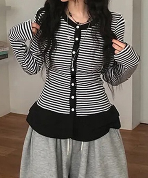 WESTSEA(ウエストシー)の「ボーダー × フリル 長袖カーディガン(カーディガン/ボレロ・レディース・グレー/ブラック・L/M)」の5枚目の写真