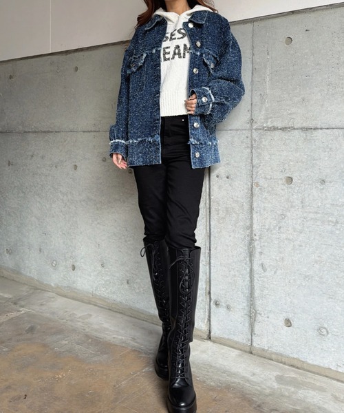 EGOIST（エゴイスト）の「ツイードデニムGジャン（デニムジャケット・レディース・ネイビー/サックスブルー・FREE）」の4枚目の写真