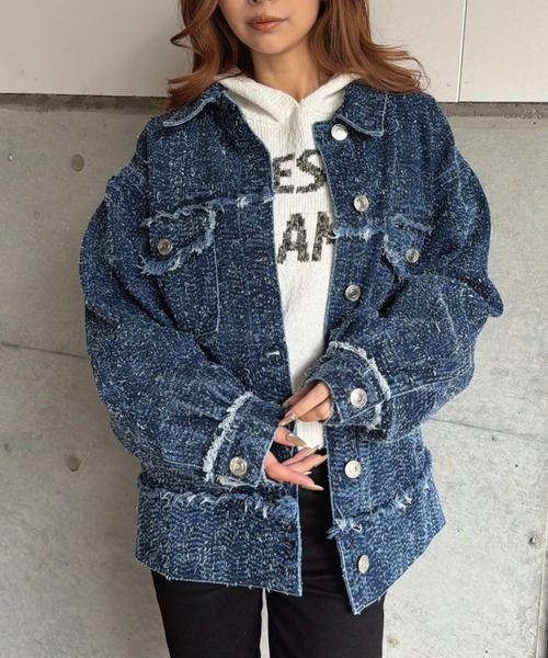 EGOIST（エゴイスト）の「ツイードデニムGジャン（デニムジャケット・レディース・ネイビー/サックスブルー・FREE）」の3枚目の写真