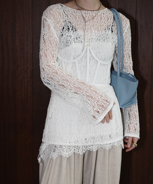 chuclla(チュクラ)の「【YOUYILIN】シアーニットトップス CHYOUW26s001(Tシャツ/カットソー・レディース・ホワイト/ブラック・FREE)」の3枚目の写真