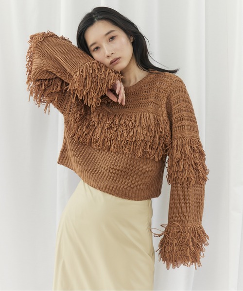 CIEL'AIR(シエルエアー)の「MESH FRINGE PO(メッシュフリンジプルオーバー)(ニット/セーター・レディース・ブラウン/オフホワイト・FREE)」の2枚目の写真