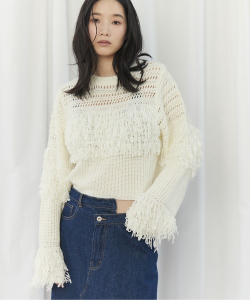 CIEL'AIR(シエルエアー)の「MESH FRINGE PO(メッシュフリンジプルオーバー)(ニット/セーター・レディース・ブラウン/オフホワイト・FREE)」の1枚目の写真