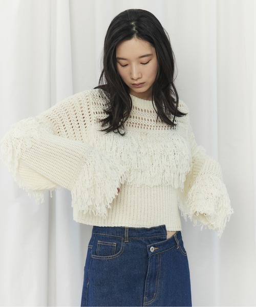 CIEL'AIR(シエルエアー)の「MESH FRINGE PO(メッシュフリンジプルオーバー)(ニット/セーター・レディース・ブラウン/オフホワイト・FREE)」の3枚目の写真