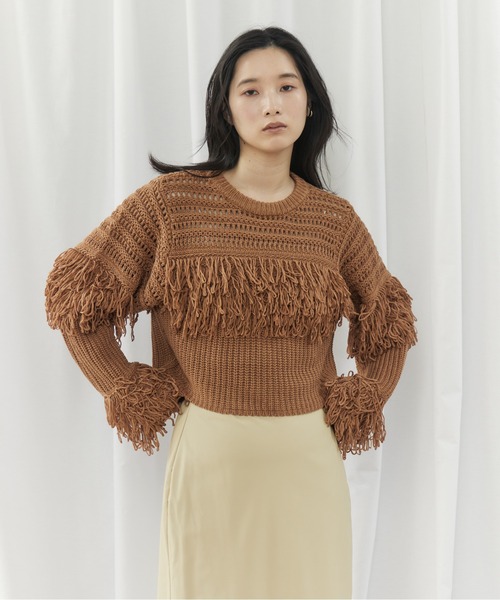 CIEL'AIR(シエルエアー)の「MESH FRINGE PO(メッシュフリンジプルオーバー)(ニット/セーター・レディース・ブラウン/オフホワイト・FREE)」の13枚目の写真