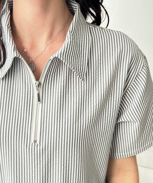 GeeRA（ジーラ）の「【S-LL/低身長サイズあり】サッカーティアードハーフジップポロ襟オーバーサイズワンピース（ワンピース・レディース・ブラック/ブラック系その他/ネイビー・SMALL/MEDIUM/LARGE/X-LARGE）」の14枚目の写真