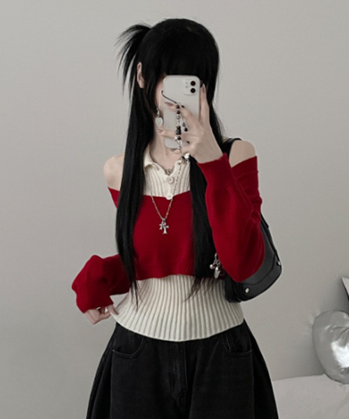 VIVID LADY(ビビッドレディー)の「レイヤード ニットアンサンブル ショートトップスxノースリーブニット(アンサンブル・レディース・グレー/ブラック/レッド/ブラウン・FREE)」の17枚目の写真