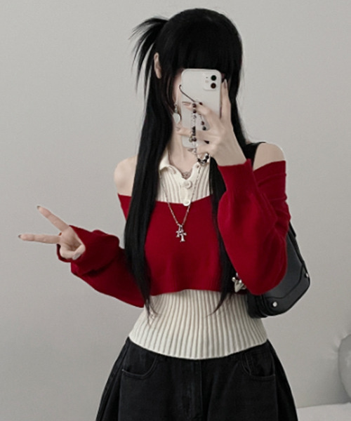 VIVID LADY(ビビッドレディー)の「レイヤード ニットアンサンブル ショートトップスxノースリーブニット(アンサンブル・レディース・グレー/ブラック/レッド/ブラウン・FREE)」の16枚目の写真