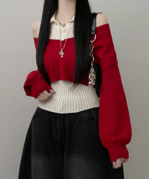 VIVID LADY(ビビッドレディー)の「レイヤード ニットアンサンブル ショートトップスxノースリーブニット(アンサンブル・レディース・グレー/ブラック/レッド/ブラウン・FREE)」の13枚目の写真