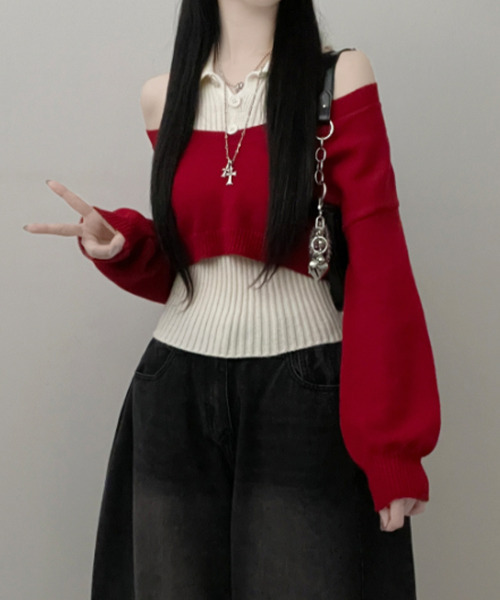 VIVID LADY(ビビッドレディー)の「レイヤード ニットアンサンブル ショートトップスxノースリーブニット(アンサンブル・レディース・グレー/ブラック/レッド/ブラウン・FREE)」の15枚目の写真