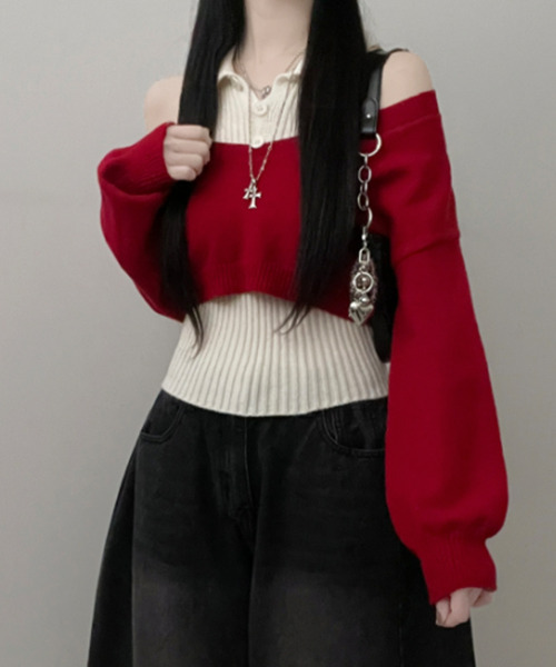 VIVID LADY(ビビッドレディー)の「レイヤード ニットアンサンブル ショートトップスxノースリーブニット(アンサンブル・レディース・グレー/ブラック/レッド/ブラウン・FREE)」の14枚目の写真