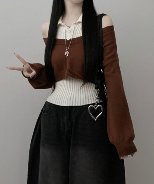 VIVID LADY(ビビッドレディー)の「レイヤード ニットアンサンブル ショートトップスxノースリーブニット(アンサンブル・レディース・グレー/ブラック/レッド/ブラウン・FREE)」の20枚目の写真