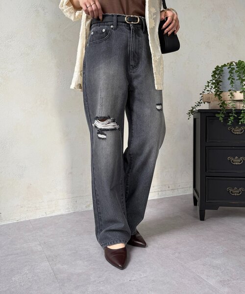 Thevon（ゼボン）の「ハイウエストダメージデニム（その他パンツ・レディース・ブラック/ブルー・M/S）」の2枚目の写真