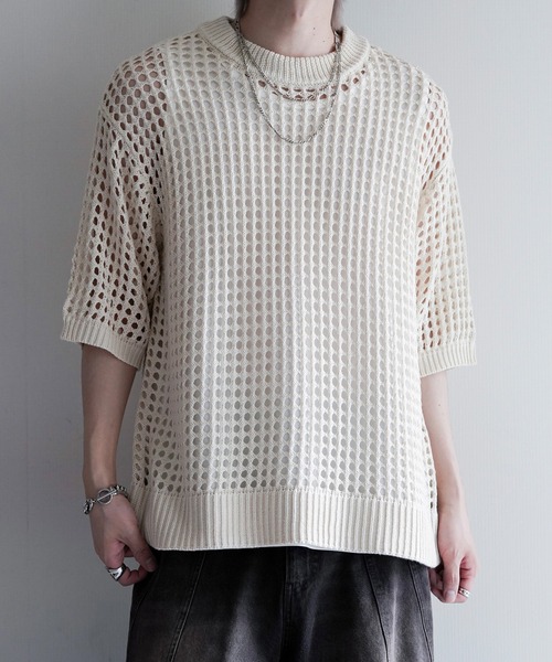 cussil(クシル)の「【cussil/クシル】透かし編みルーズ半袖クルーネックサマーニット(ニット/セーター・メンズ・ホワイト/グレー系/ブラック・M/S/L)」の2枚目の写真
