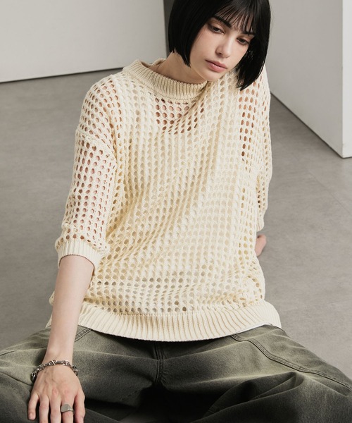 cussil(クシル)の「【cussil/クシル】透かし編みルーズ半袖クルーネックサマーニット(ニット/セーター・メンズ・ホワイト/グレー系/ブラック・M/S/L)」の4枚目の写真