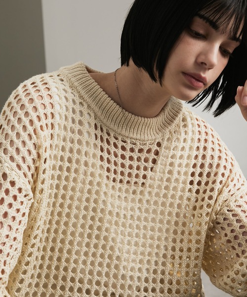 cussil(クシル)の「【cussil/クシル】透かし編みルーズ半袖クルーネックサマーニット(ニット/セーター・メンズ・ホワイト/グレー系/ブラック・M/S/L)」の5枚目の写真