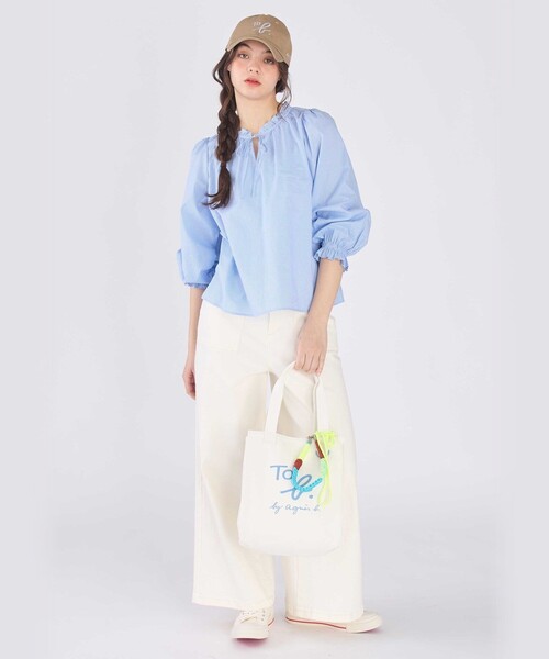 To b. by agnes b.(トゥービーバイアニエスベー)の「ギンガムチェック コットン フリル 長袖 ブラウス(シャツ/ブラウス・レディース・ブルー・36/40/38)」の6枚目の写真