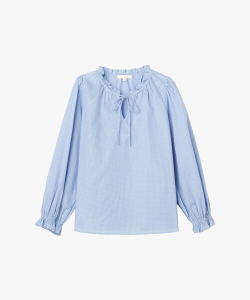 To b. by agnes b.(トゥービーバイアニエスベー)の「ギンガムチェック コットン フリル 長袖 ブラウス(シャツ/ブラウス・レディース・ブルー・36/40/38)」の2枚目の写真