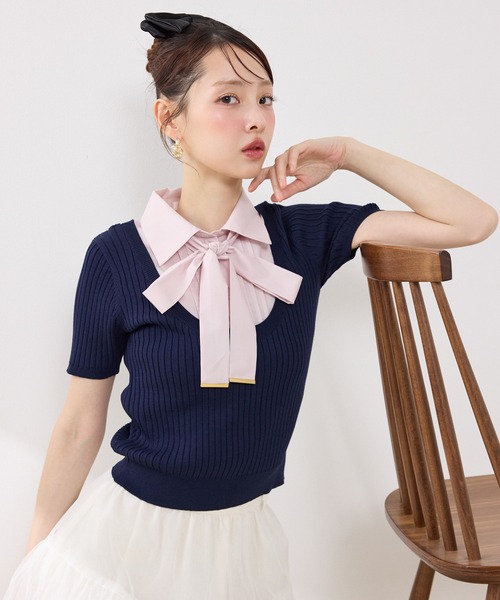 rienda(リエンダ)の「シャツドッキングハーフスリーブニットトップス 春服 夏服 サマーニット(ニット/セーター・レディース・ライトグレー/ライトベージュ/ネイビー・FREE)」の1枚目の写真
