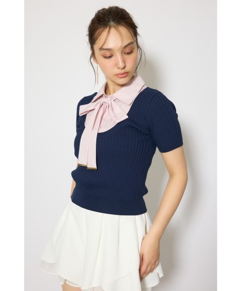 rienda(リエンダ)の「シャツドッキングハーフスリーブニットトップス 春服 夏服 サマーニット(ニット/セーター・レディース・ライトグレー/ライトベージュ/ネイビー・FREE)」の9枚目の写真