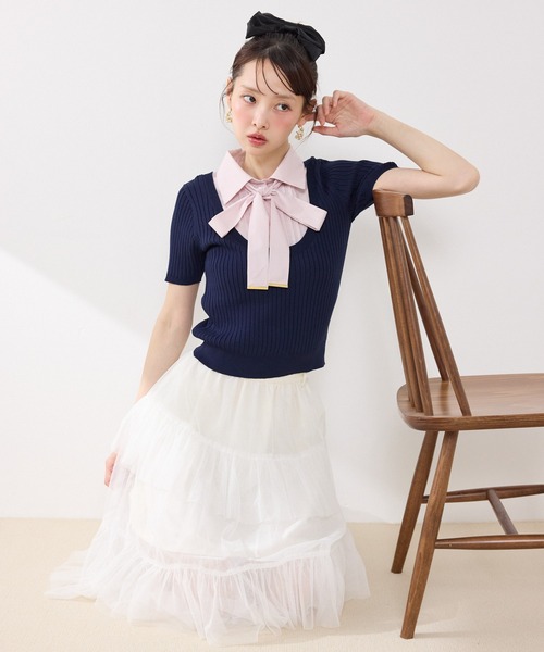 rienda(リエンダ)の「シャツドッキングハーフスリーブニットトップス 春服 夏服 サマーニット(ニット/セーター・レディース・ライトグレー/ライトベージュ/ネイビー・FREE)」の4枚目の写真