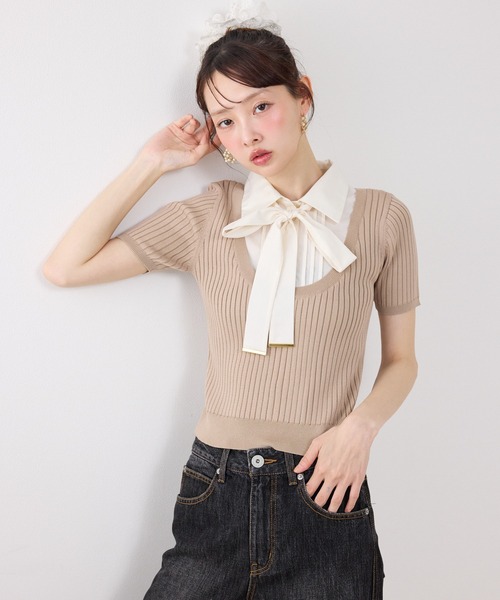 rienda(リエンダ)の「シャツドッキングハーフスリーブニットトップス 春服 夏服 サマーニット(ニット/セーター・レディース・ライトグレー/ライトベージュ/ネイビー・FREE)」の6枚目の写真