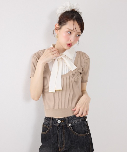 rienda(リエンダ)の「シャツドッキングハーフスリーブニットトップス 春服 夏服 サマーニット(ニット/セーター・レディース・ライトグレー/ライトベージュ/ネイビー・FREE)」の7枚目の写真