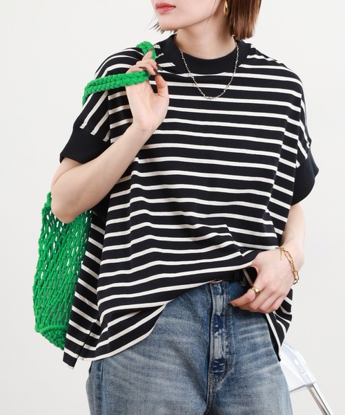 FUNALIVE(ファンアライブ)の「ヘビーウェイト天竺ボーダー半袖プルオーバー(Tシャツ/カットソー・レディース・ブラック系/アイボリー系/ネイビー系・M-L)」の1枚目の写真