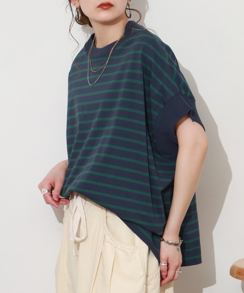 FUNALIVE(ファンアライブ)の「ヘビーウェイト天竺ボーダー半袖プルオーバー(Tシャツ/カットソー・レディース・ブラック系/アイボリー系/ネイビー系・M-L)」の9枚目の写真