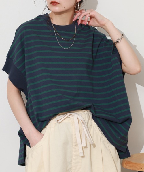 FUNALIVE(ファンアライブ)の「ヘビーウェイト天竺ボーダー半袖プルオーバー(Tシャツ/カットソー・レディース・ブラック系/アイボリー系/ネイビー系・M-L)」の8枚目の写真