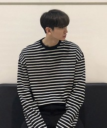 【NOWLE】リラックスフィット モノトーンボーダー 長袖 Tシャツ