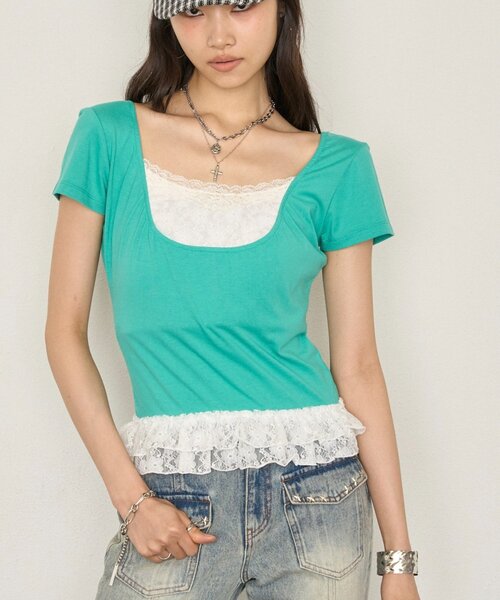 WHO'S WHO gallery(フーズフーギャラリー)の「レースレイヤードトップス(Tシャツ/カットソー・レディース・ブラック/パープル/サックスブルー・FREE)」の3枚目の写真