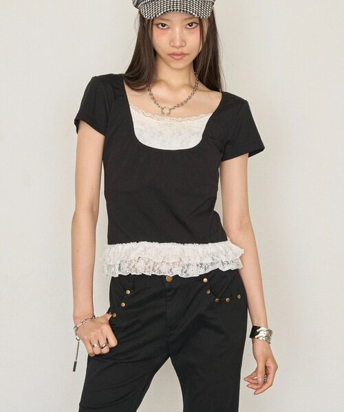 WHO'S WHO gallery(フーズフーギャラリー)の「レースレイヤードトップス(Tシャツ/カットソー・レディース・ブラック/パープル/サックスブルー・FREE)」の4枚目の写真