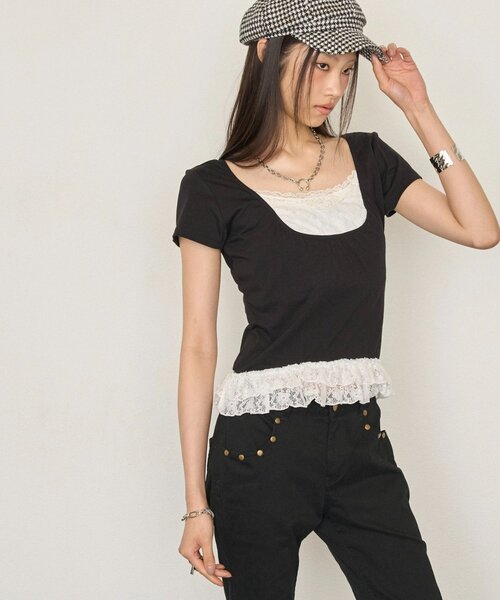 WHO'S WHO gallery(フーズフーギャラリー)の「レースレイヤードトップス(Tシャツ/カットソー・レディース・ブラック/パープル/サックスブルー・FREE)」の5枚目の写真