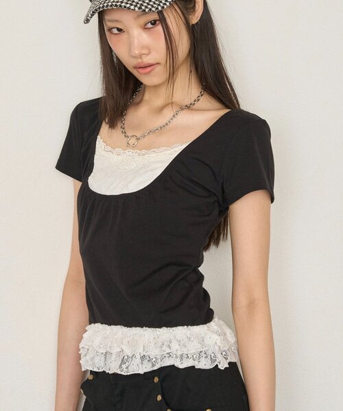 WHO'S WHO gallery(フーズフーギャラリー)の「レースレイヤードトップス(Tシャツ/カットソー・レディース・ブラック/パープル/サックスブルー・FREE)」の6枚目の写真
