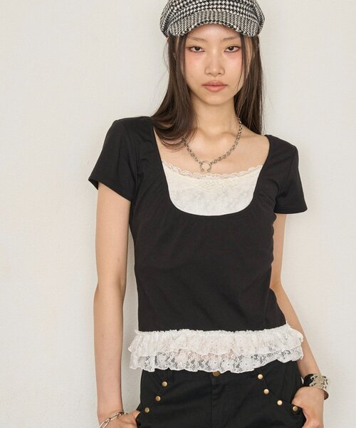 WHO'S WHO gallery(フーズフーギャラリー)の「レースレイヤードトップス(Tシャツ/カットソー・レディース・ブラック/パープル/サックスブルー・FREE)」の7枚目の写真