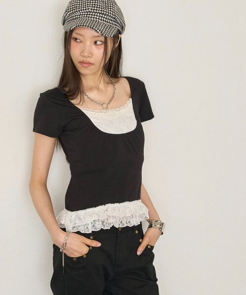 WHO'S WHO gallery(フーズフーギャラリー)の「レースレイヤードトップス(Tシャツ/カットソー・レディース・ブラック/パープル/サックスブルー・FREE)」の8枚目の写真