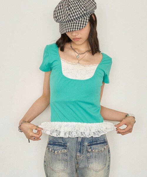 WHO'S WHO gallery(フーズフーギャラリー)の「レースレイヤードトップス(Tシャツ/カットソー・レディース・ブラック/パープル/サックスブルー・FREE)」の13枚目の写真