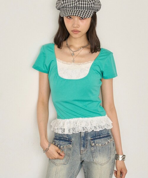 WHO'S WHO gallery(フーズフーギャラリー)の「レースレイヤードトップス(Tシャツ/カットソー・レディース・ブラック/パープル/サックスブルー・FREE)」の14枚目の写真