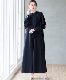 【traumerei】【WEB限定】【洗える】前ファスナー/シフォンケープカラーオールインワンドレス/ポケット付き/微光沢サテン