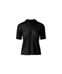 [レディース] カラーネックハーフジッププリーツTシャツ (ブラック)