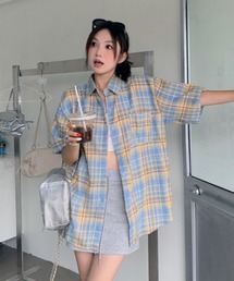 マドラスカラーチェック半袖オーバーサイズルーズシャツ