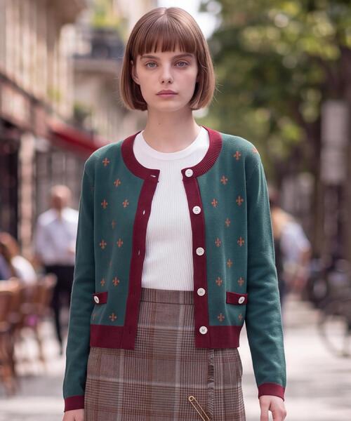 DRESSTERIOR(ドレステリア)の「リリークレストカーディガン(カーディガン/ボレロ・レディース・モスグリーン/ブラック・34/38/36)」の1枚目の写真