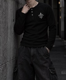 【NYS】ラインストーン ロゴ テレコ ヘンリーネック Tシャツ 長袖