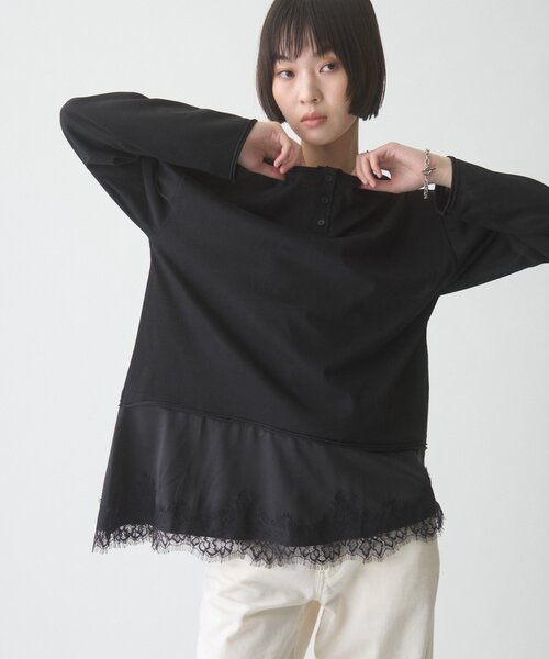 CIAOPANIC TYPY(チャオパニックティピー)の「∴【前後2WAY】ヘンリーネックサテンレースドッキングシアースラブTee(Tシャツ/カットソー・レディース・オフホワイト/ブラウン/ブラック・ONE SIZE)」の5枚目の写真