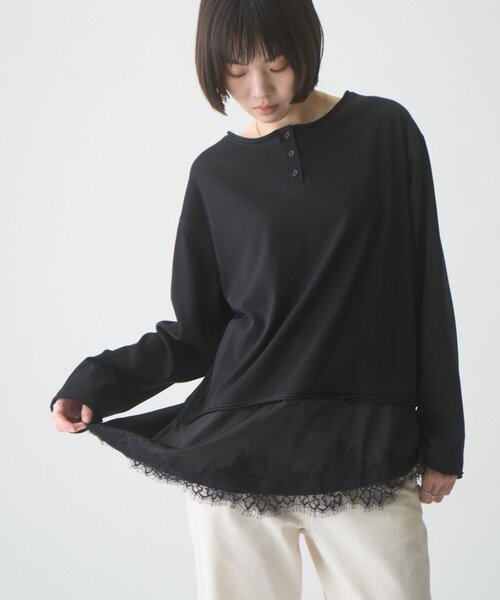CIAOPANIC TYPY(チャオパニックティピー)の「∴【前後2WAY】ヘンリーネックサテンレースドッキングシアースラブTee(Tシャツ/カットソー・レディース・オフホワイト/ブラウン/ブラック・ONE SIZE)」の7枚目の写真