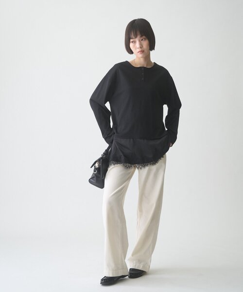 CIAOPANIC TYPY(チャオパニックティピー)の「∴【前後2WAY】ヘンリーネックサテンレースドッキングシアースラブTee(Tシャツ/カットソー・レディース・オフホワイト/ブラウン/ブラック・ONE SIZE)」の11枚目の写真
