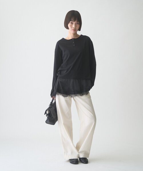 CIAOPANIC TYPY(チャオパニックティピー)の「∴【前後2WAY】ヘンリーネックサテンレースドッキングシアースラブTee(Tシャツ/カットソー・レディース・オフホワイト/ブラウン/ブラック・ONE SIZE)」の12枚目の写真