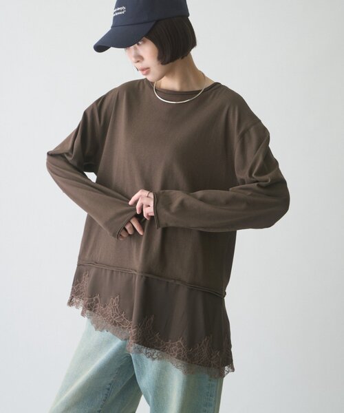 CIAOPANIC TYPY(チャオパニックティピー)の「∴【前後2WAY】ヘンリーネックサテンレースドッキングシアースラブTee(Tシャツ/カットソー・レディース・オフホワイト/ブラウン/ブラック・ONE SIZE)」の16枚目の写真