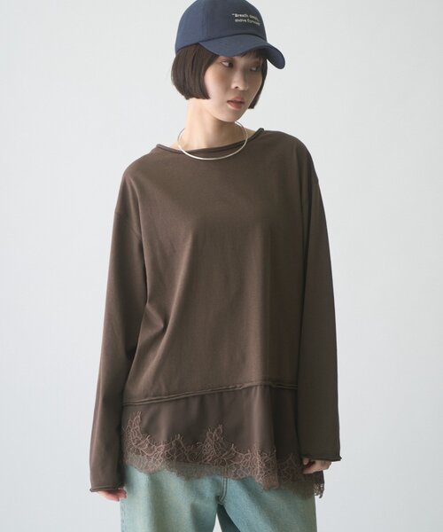 CIAOPANIC TYPY(チャオパニックティピー)の「∴【前後2WAY】ヘンリーネックサテンレースドッキングシアースラブTee(Tシャツ/カットソー・レディース・オフホワイト/ブラウン/ブラック・ONE SIZE)」の17枚目の写真